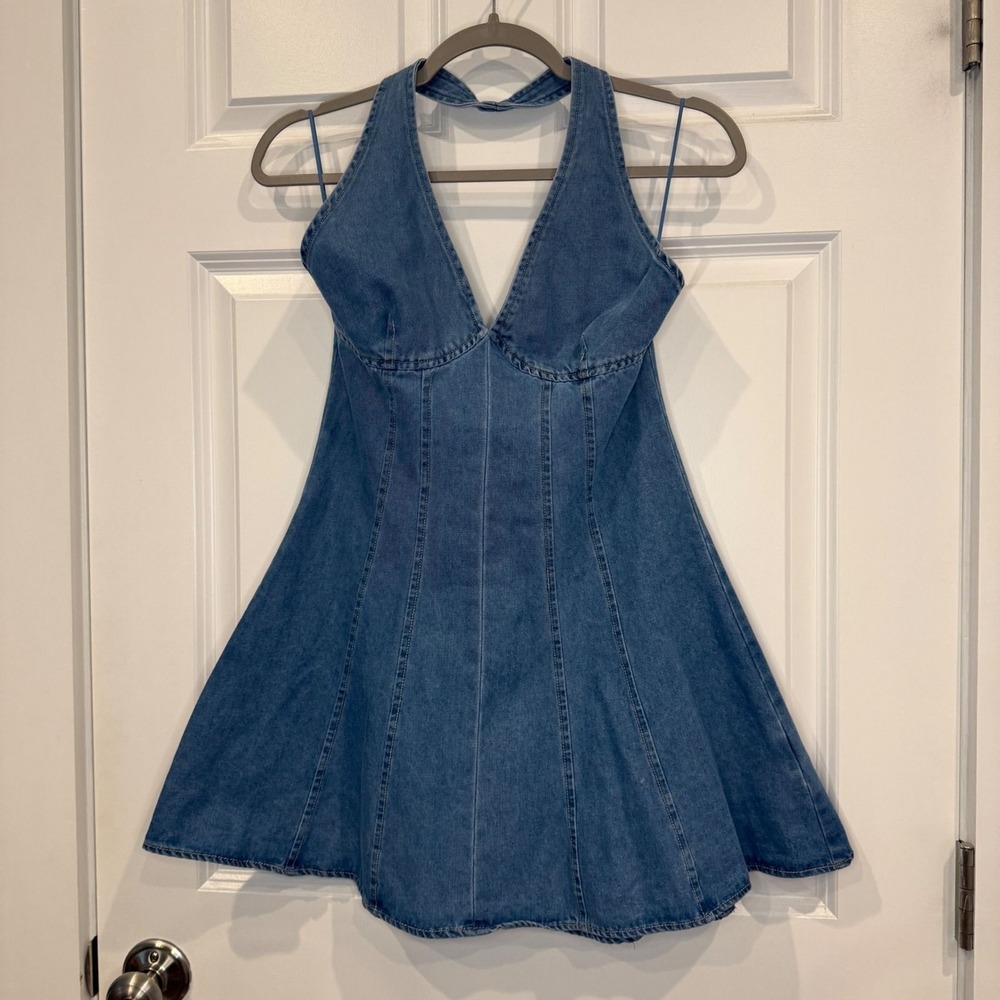 Altar'd State Light Wash Denim Halter Mini Dress Size Small - Picture 4 of 7